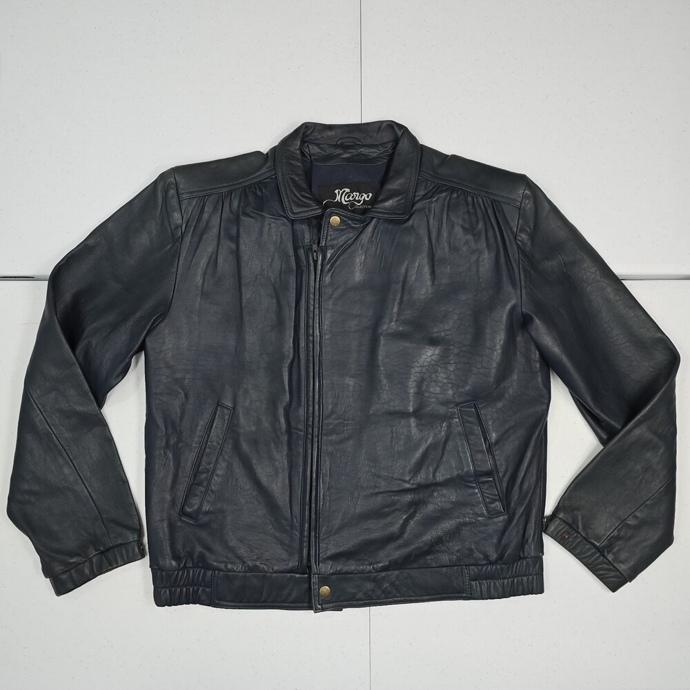 Vintage 80s Margo Men 40/M Navy Blue Leather Pleated Jacket
